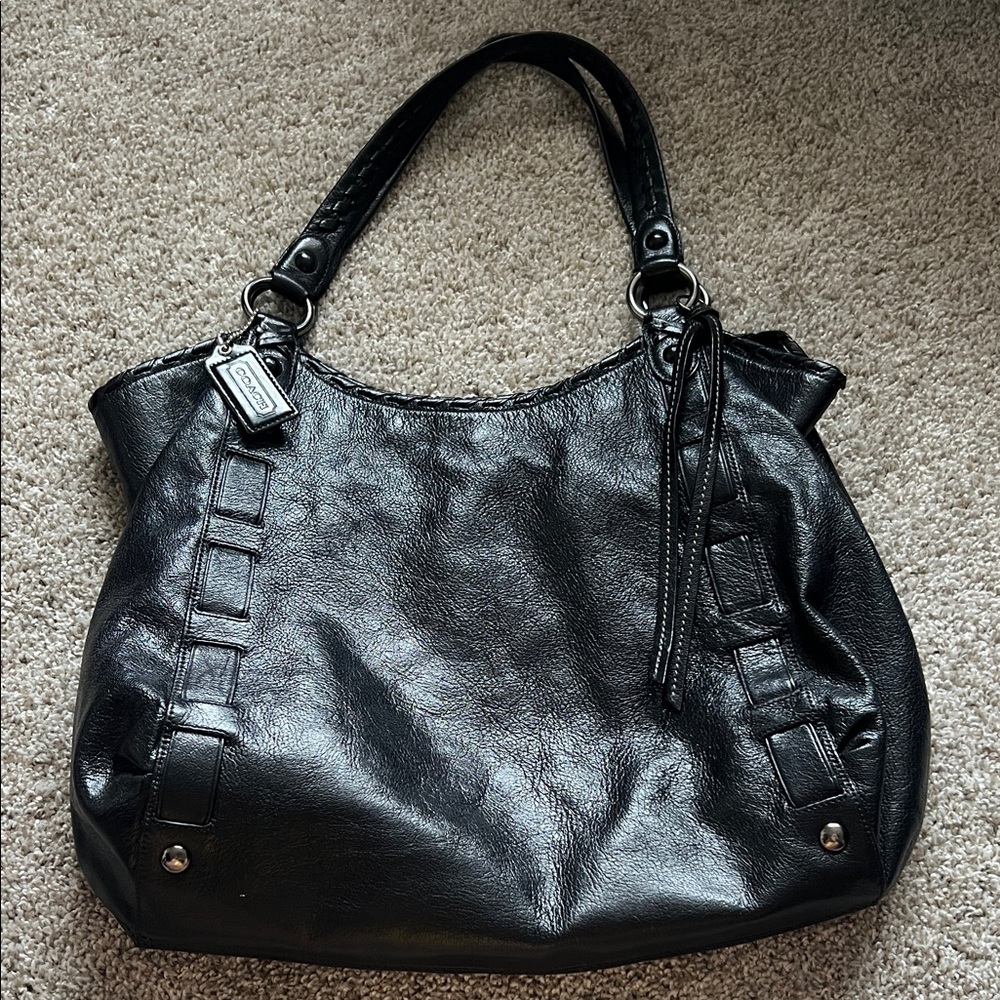 Coach Black Leather Shoulder Tote with Tassel Charm